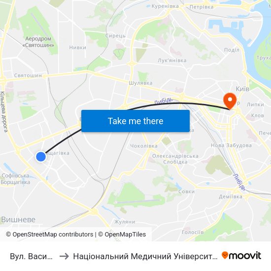 Вул. Василя Кучера to Національний Медичний Університет Імені О. О. Богомольця map