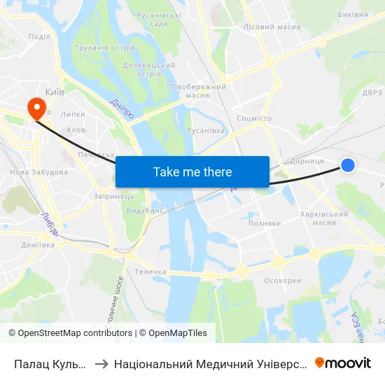 Палац Культури Дніпро to Національний Медичний Університет Імені О. О. Богомольця map