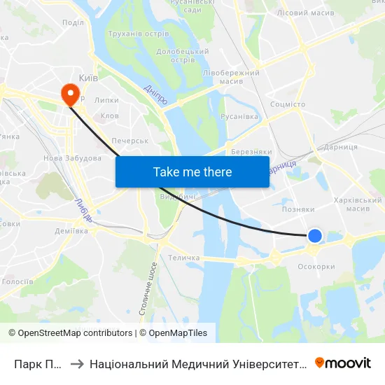 Парк Позняки to Національний Медичний Університет Імені О. О. Богомольця map