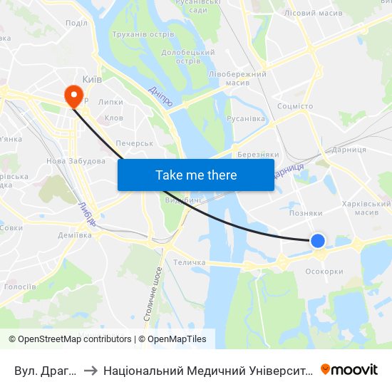 Вул. Драгоманова to Національний Медичний Університет Імені О. О. Богомольця map
