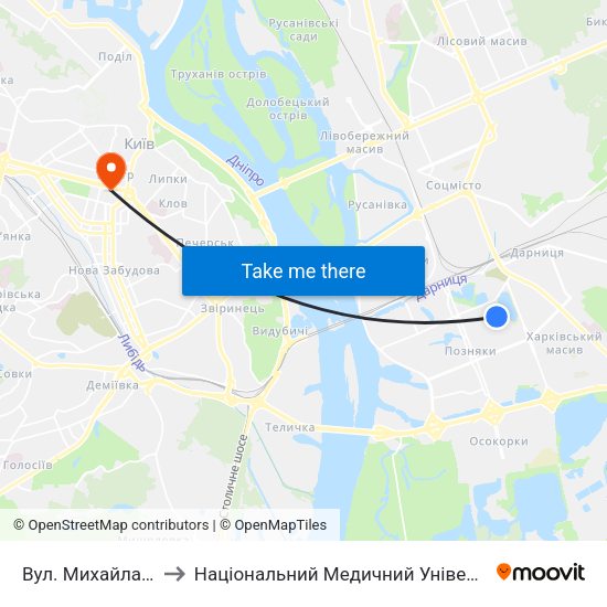 Вул. Михайла Драгоманова to Національний Медичний Університет Імені О. О. Богомольця map