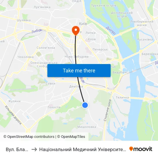 Вул. Блакитного to Національний Медичний Університет Імені О. О. Богомольця map