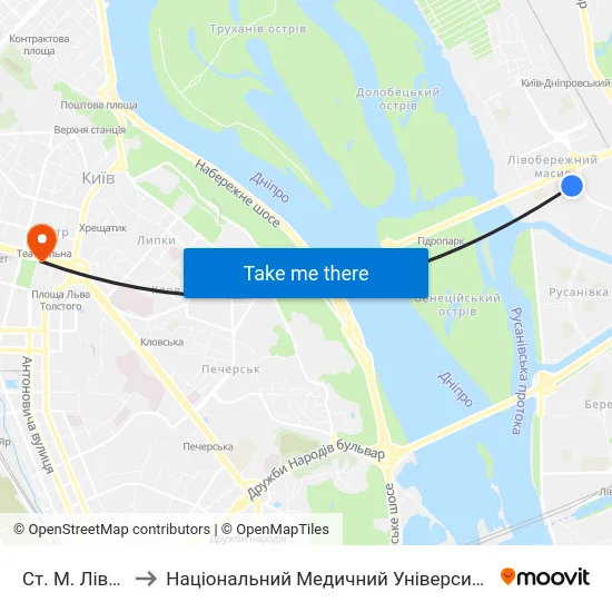 Ст. М. Лівобережна to Національний Медичний Університет Імені О. О. Богомольця map
