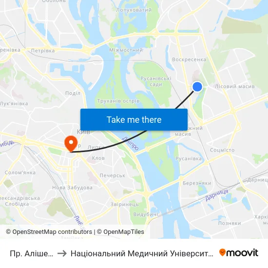 Пр. Алішера Навої to Національний Медичний Університет Імені О. О. Богомольця map