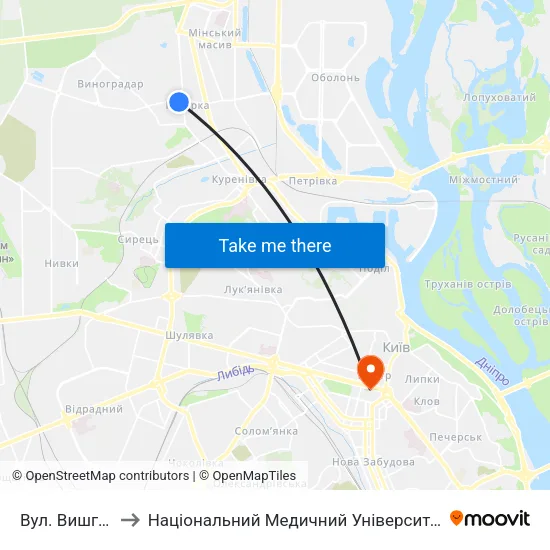 Вул. Вишгородська to Національний Медичний Університет Імені О. О. Богомольця map