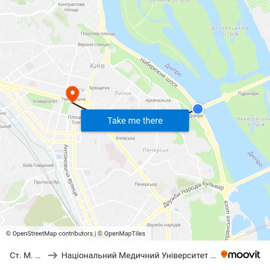 Ст. М. Дніпро to Національний Медичний Університет Імені О. О. Богомольця map
