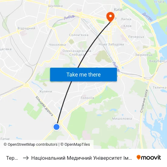 Теремки to Національний Медичний Університет Імені О. О. Богомольця map