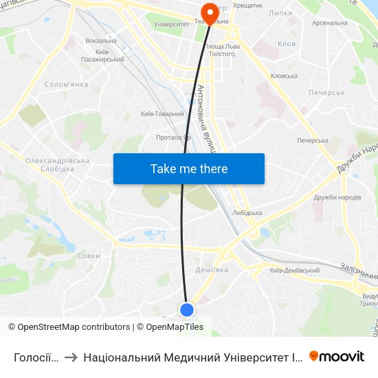 Голосіївська to Національний Медичний Університет Імені О. О. Богомольця map