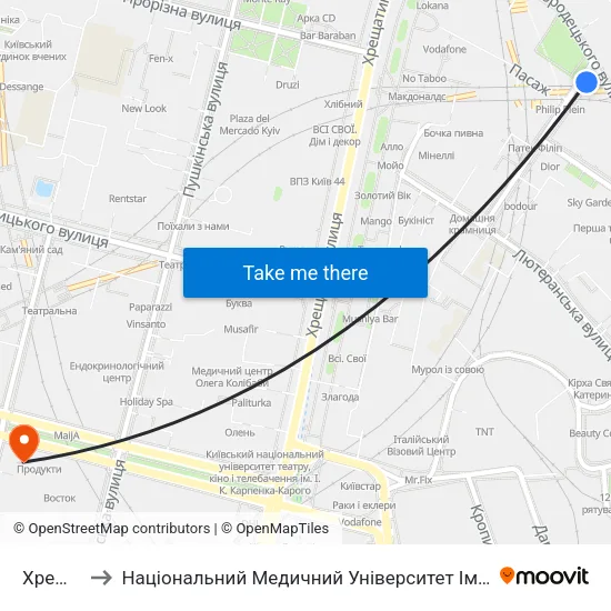 Хрещатик to Національний Медичний Університет Імені О. О. Богомольця map