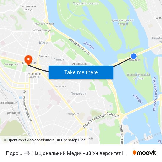 Гідропарк to Національний Медичний Університет Імені О. О. Богомольця map
