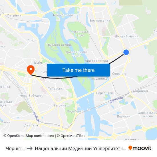 Чернігівська to Національний Медичний Університет Імені О. О. Богомольця map