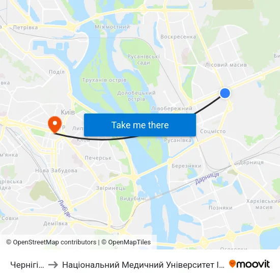 Чернігівська to Національний Медичний Університет Імені О. О. Богомольця map