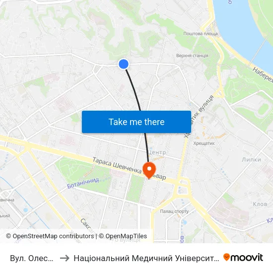 Вул. Олеся Гончара to Національний Медичний Університет Імені О. О. Богомольця map