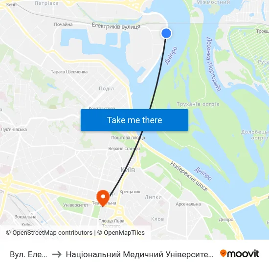 Вул. Електриків to Національний Медичний Університет Імені О. О. Богомольця map