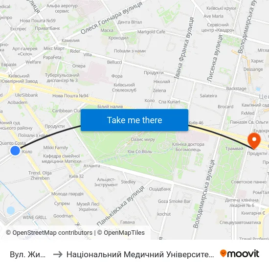 Вул. Жилянська to Національний Медичний Університет Імені О. О. Богомольця map