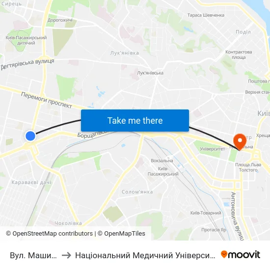 Вул. Машинобудівна to Національний Медичний Університет Імені О. О. Богомольця map