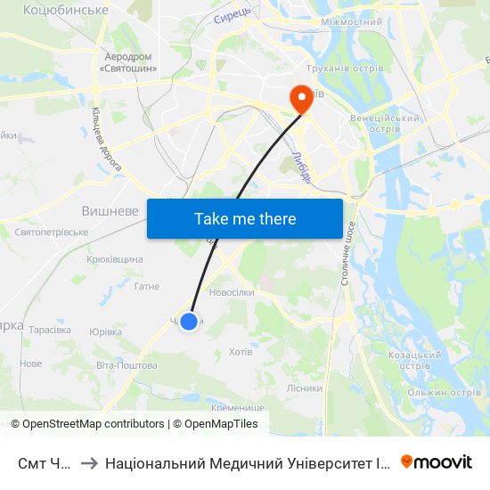 Смт Чабани to Національний Медичний Університет Імені О. О. Богомольця map