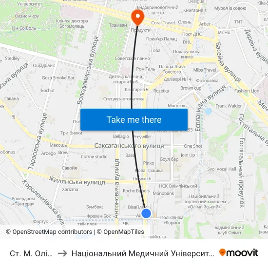 Ст. М. Олімпійська to Національний Медичний Університет Імені О. О. Богомольця map