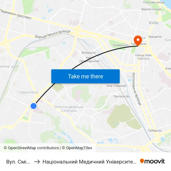 Вул. Смілянська to Національний Медичний Університет Імені О. О. Богомольця map