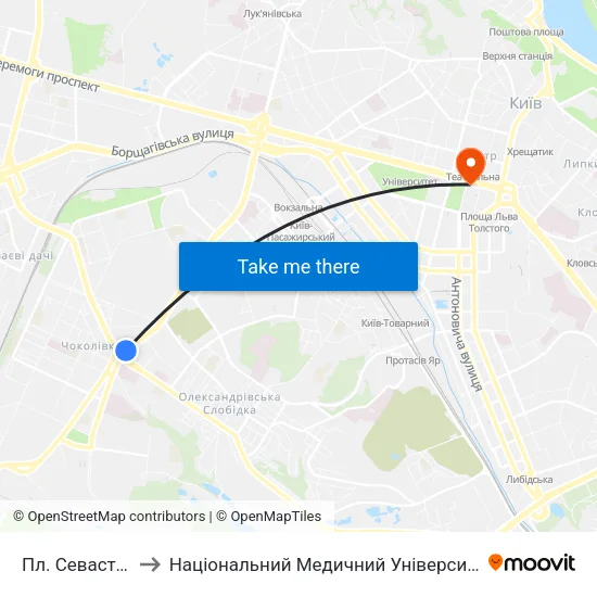 Пл. Севастопольська to Національний Медичний Університет Імені О. О. Богомольця map