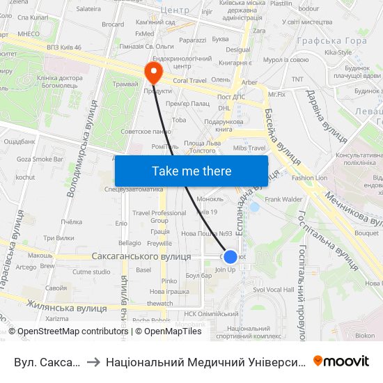 Вул. Саксаганського to Національний Медичний Університет Імені О. О. Богомольця map