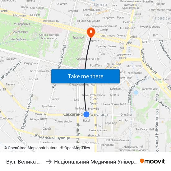 Вул. Велика Васильківська to Національний Медичний Університет Імені О. О. Богомольця map