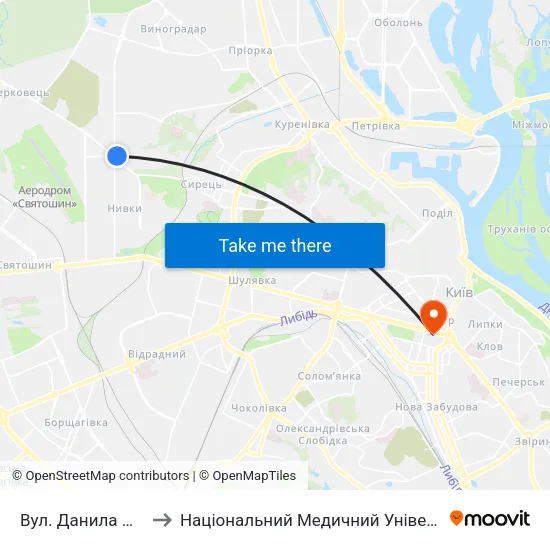 Вул. Данила Щербаківського to Національний Медичний Університет Імені О. О. Богомольця map