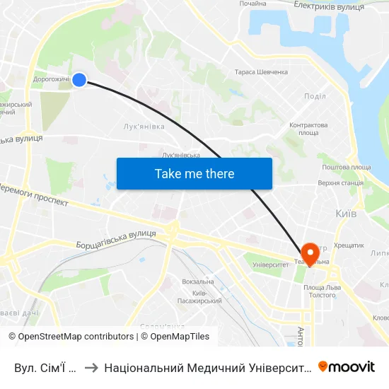 Вул. Сім'Ї Хохлових to Національний Медичний Університет Імені О. О. Богомольця map