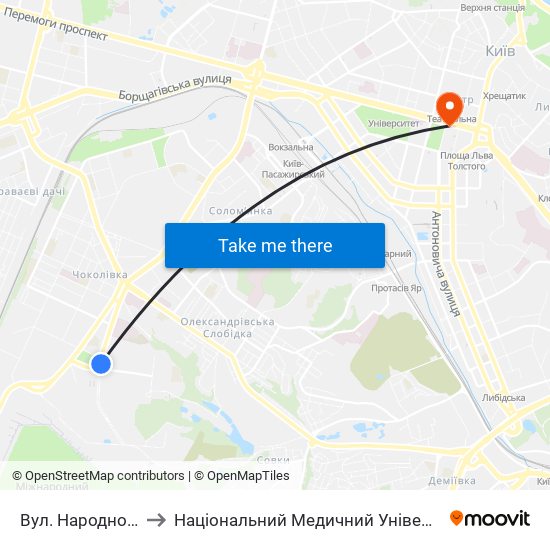 Вул. Народного Ополчення to Національний Медичний Університет Імені О. О. Богомольця map