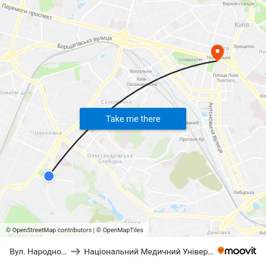 Вул. Народного Ополчення to Національний Медичний Університет Імені О. О. Богомольця map