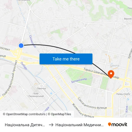 Національна Дитяча Клінічна Лікарня ""Охматдит"" to Національний Медичний Університет Імені О. О. Богомольця map