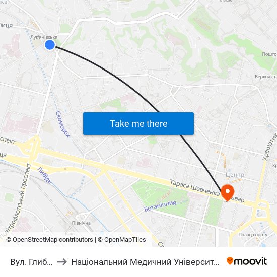 Вул. Глибочицька to Національний Медичний Університет Імені О. О. Богомольця map