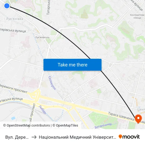 Вул. Деревлянська to Національний Медичний Університет Імені О. О. Богомольця map
