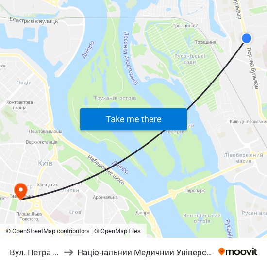 Вул. Петра Запорожця to Національний Медичний Університет Імені О. О. Богомольця map