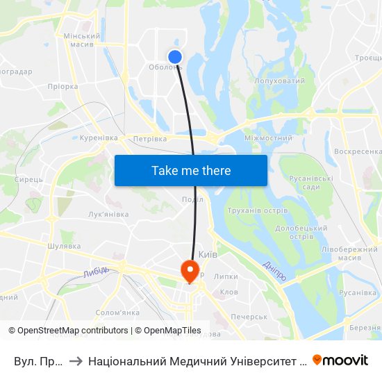 Вул. Прирічна to Національний Медичний Університет Імені О. О. Богомольця map