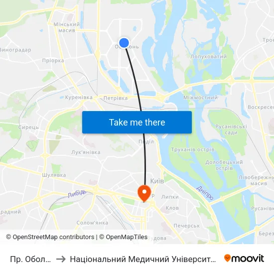 Пр. Оболонський to Національний Медичний Університет Імені О. О. Богомольця map