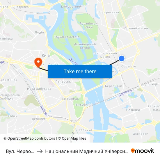 Вул. Червоноткацька to Національний Медичний Університет Імені О. О. Богомольця map