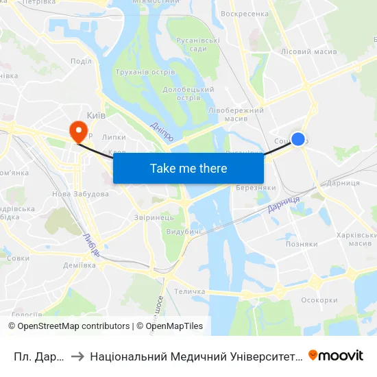 Пл. Дарницька to Національний Медичний Університет Імені О. О. Богомольця map