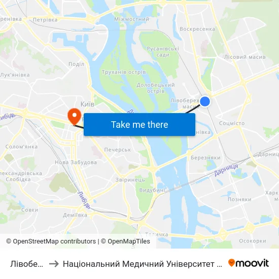 Лівобережна to Національний Медичний Університет Імені О. О. Богомольця map
