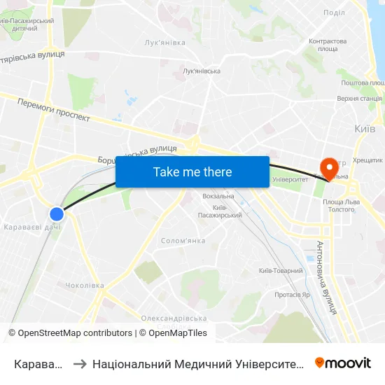 Караваєві Дачі to Національний Медичний Університет Імені О. О. Богомольця map