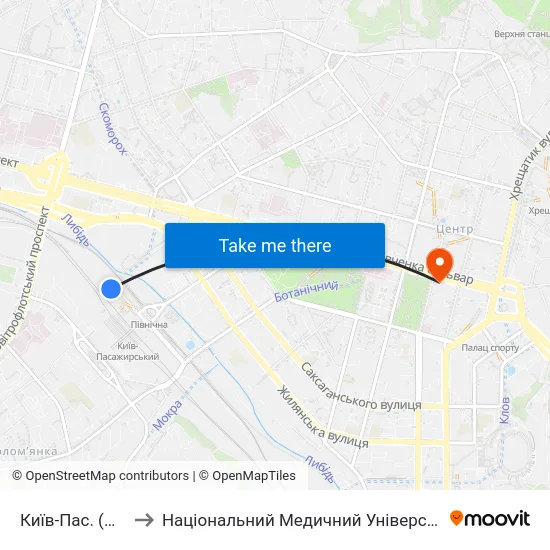 Київ-Пас. (Приміський) to Національний Медичний Університет Імені О. О. Богомольця map