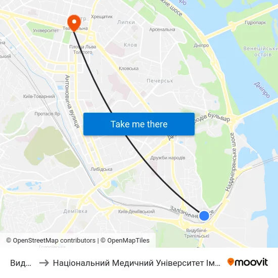 Видубичі to Національний Медичний Університет Імені О. О. Богомольця map