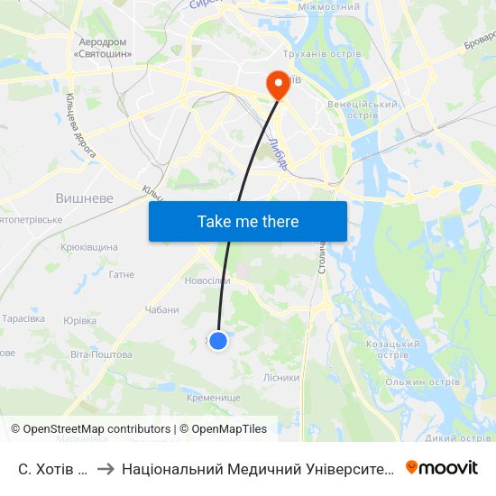 С. Хотів (Центр) to Національний Медичний Університет Імені О. О. Богомольця map