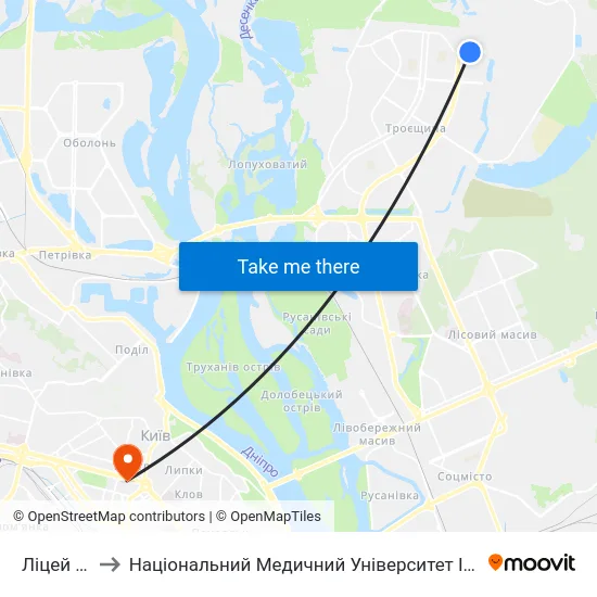 Ліцей №293 to Національний Медичний Університет Імені О. О. Богомольця map
