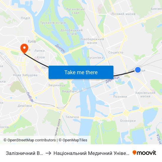 Залізничний Вокзал Дарниця to Національний Медичний Університет Імені О. О. Богомольця map
