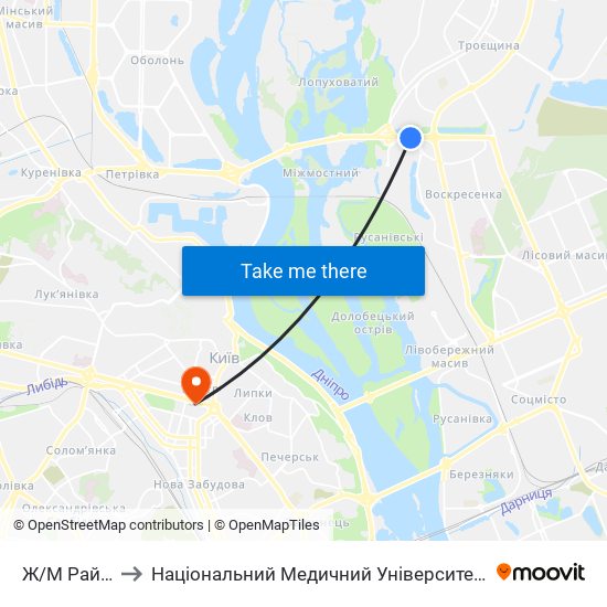 Ж/М Райдужний to Національний Медичний Університет Імені О. О. Богомольця map