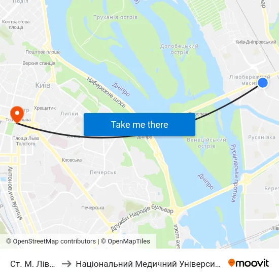Ст. М. Лівобережна to Національний Медичний Університет Імені О. О. Богомольця map
