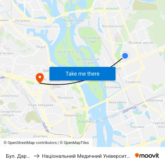 Бул. Дарницький to Національний Медичний Університет Імені О. О. Богомольця map