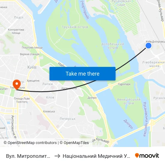 Вул. Митрополита Андрея Шептицького to Національний Медичний Університет Імені О. О. Богомольця map