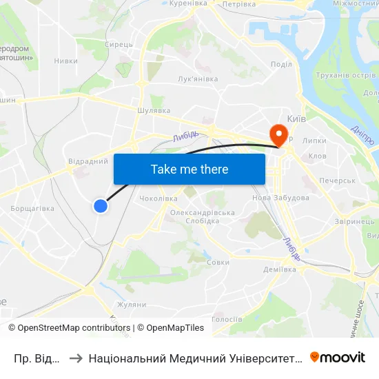 Пр. Відрадний to Національний Медичний Університет Імені О. О. Богомольця map